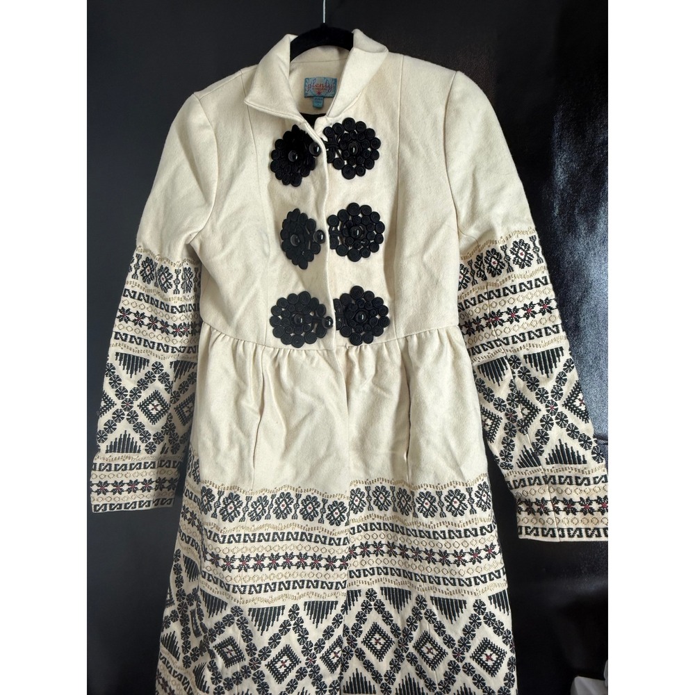 Plenty by Tracy Reese Cream Embroidered Wool Blend Coat Soutache Closures Size 4